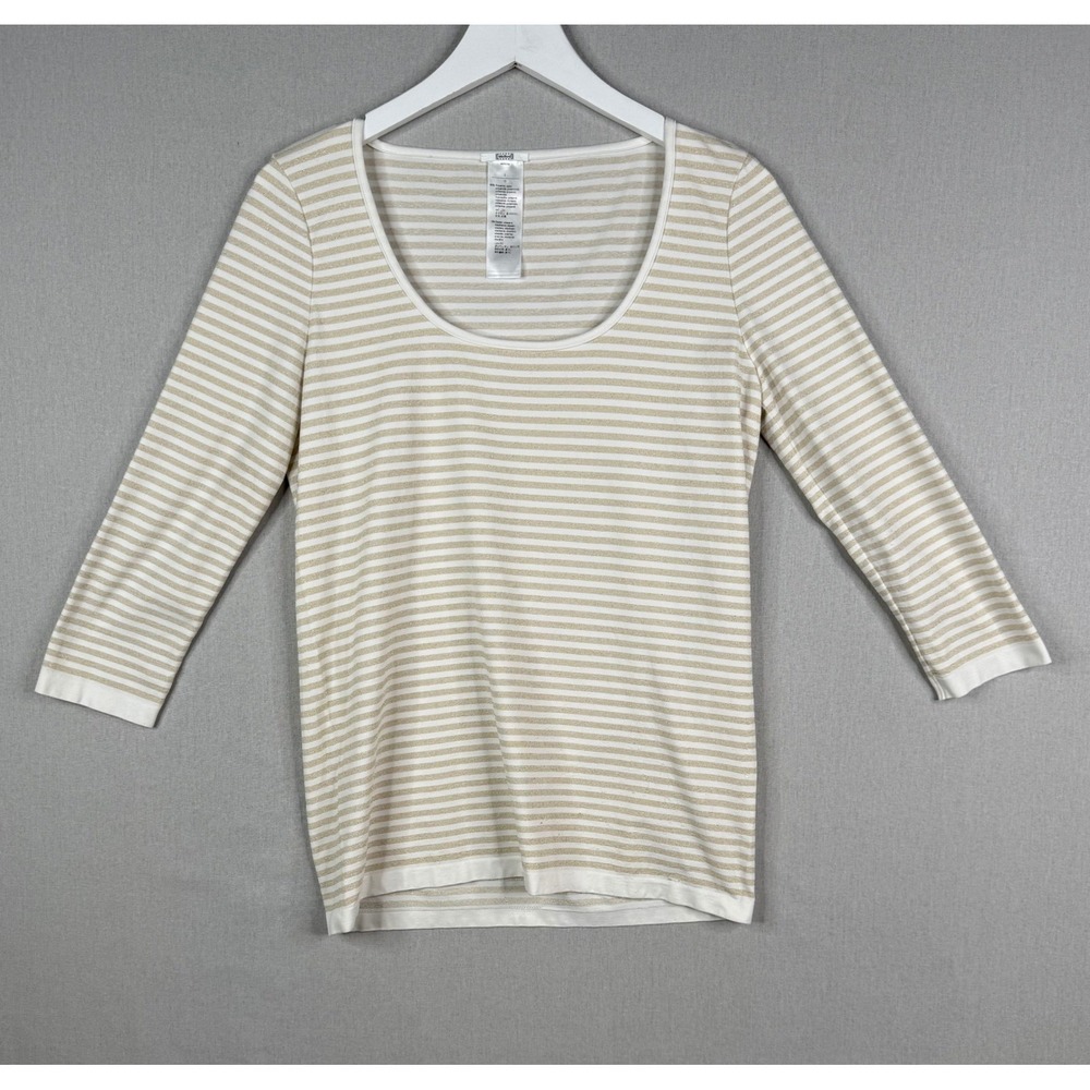 Wolford Striped Top Womens Large White Gold Metallic Scoop Neck 3/4 Sleeve